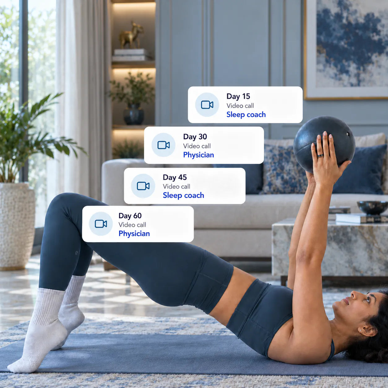 A woman exercising at home beside four scheduled video-call reminders for days 15, 30, 45 and 60