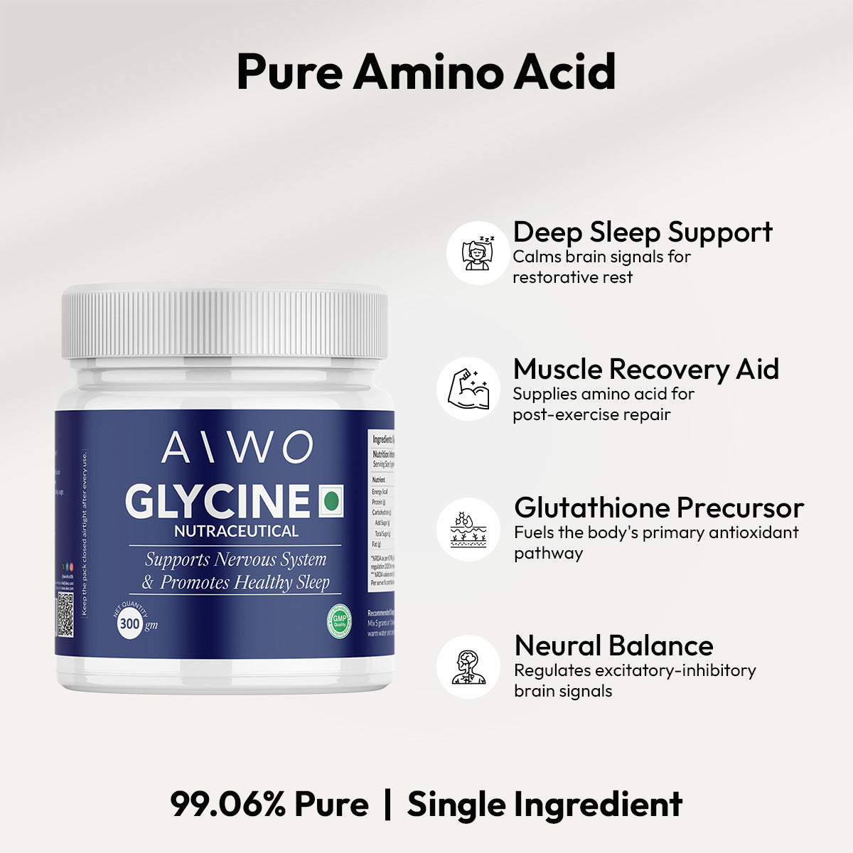 AIWO Glycine Powder  |  Glycine 99.06% Pure  |  300g- 60 Servings