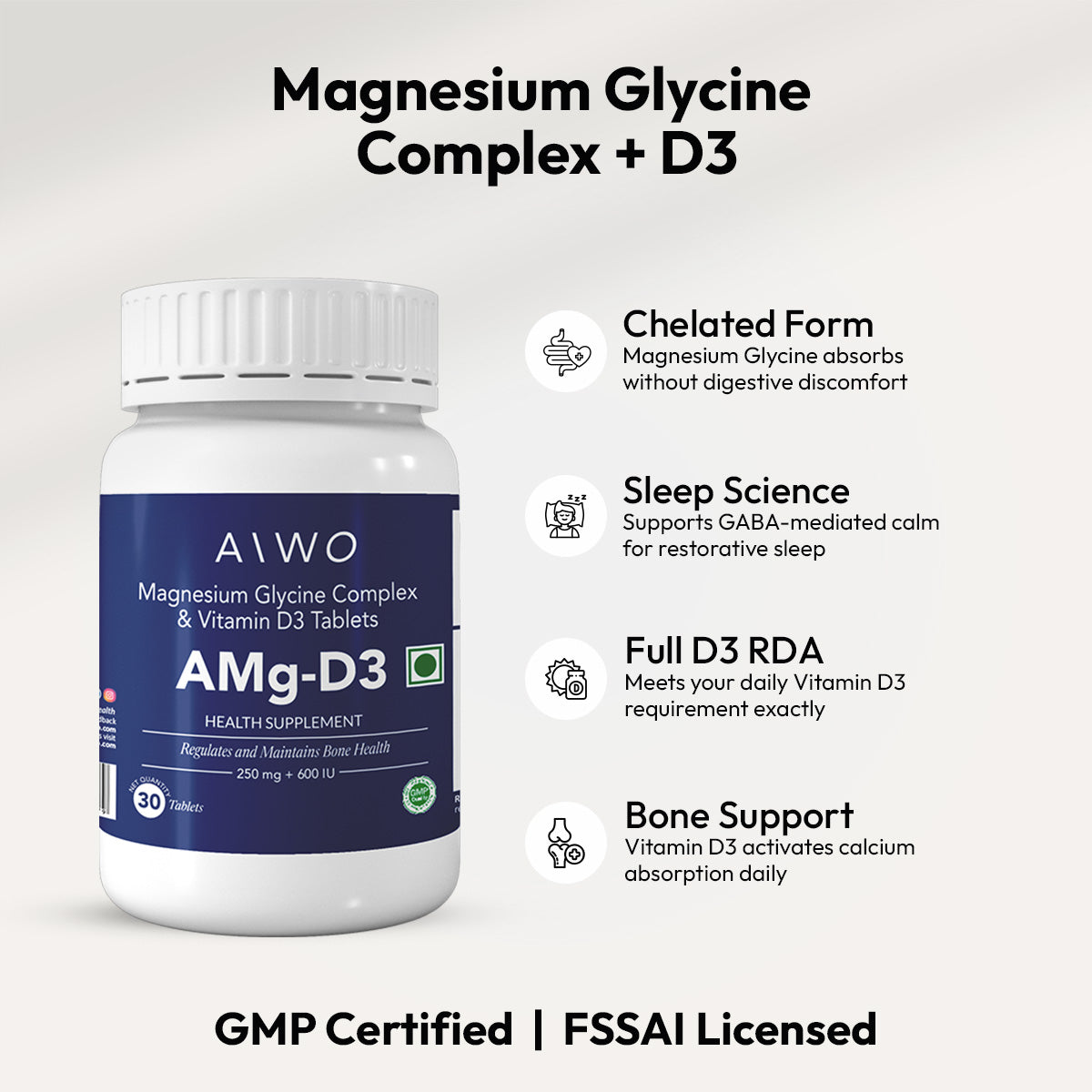 AMg-D3 | Magnesium Glycine Complex 250mg + Vitamin D3 600IU | 30 Tablets