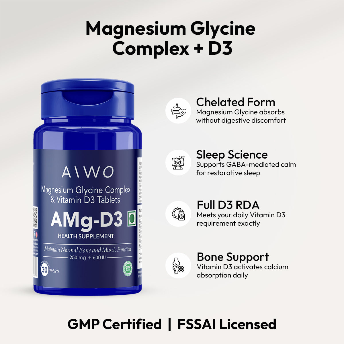 AMg-D3 | Magnesium Glycine Complex 250mg + Vitamin D3 600IU | 30 Tablets