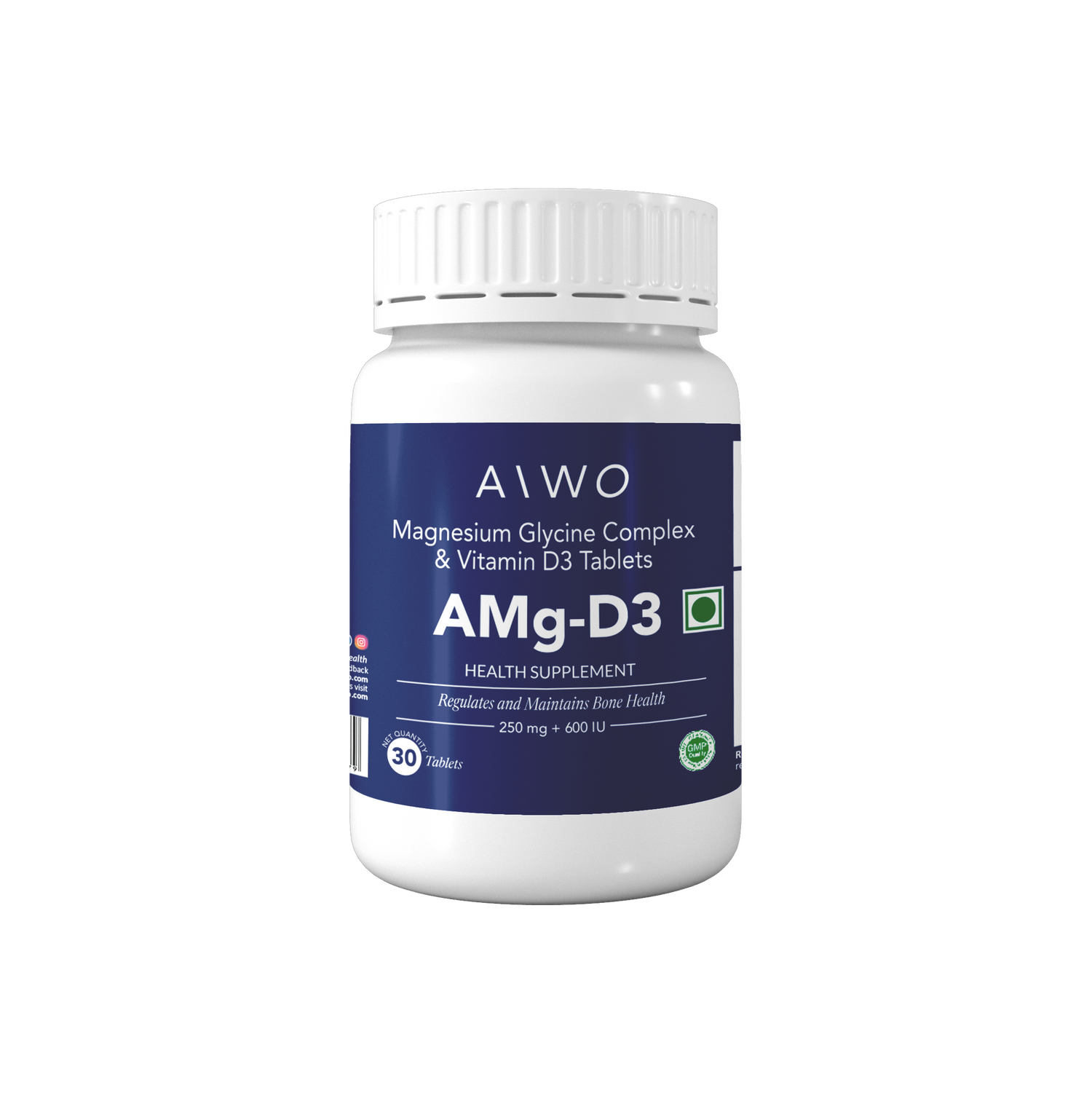 AIWO AMg-D3 Magnesium Glycinate 250 mg with Vitamin D3 600 IU tablets vegetarian supplement for brain muscle and bone support