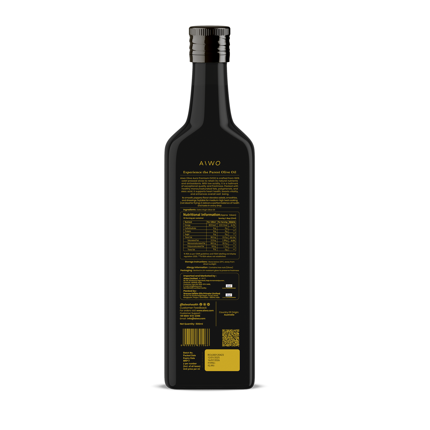 AIWO Olive Aura Extra Virgin Olive Oil 500ml low acidity cold-pressed Australian olive oil rich in antioxidants