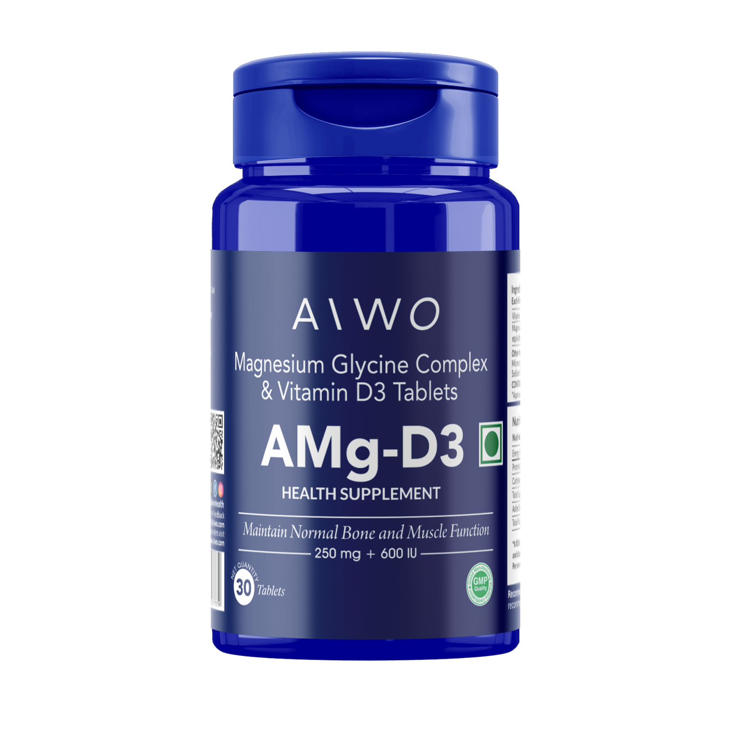 AMg-D3 | Magnesium Glycine Complex 250mg + Vitamin D3 600IU | 30 Tablets