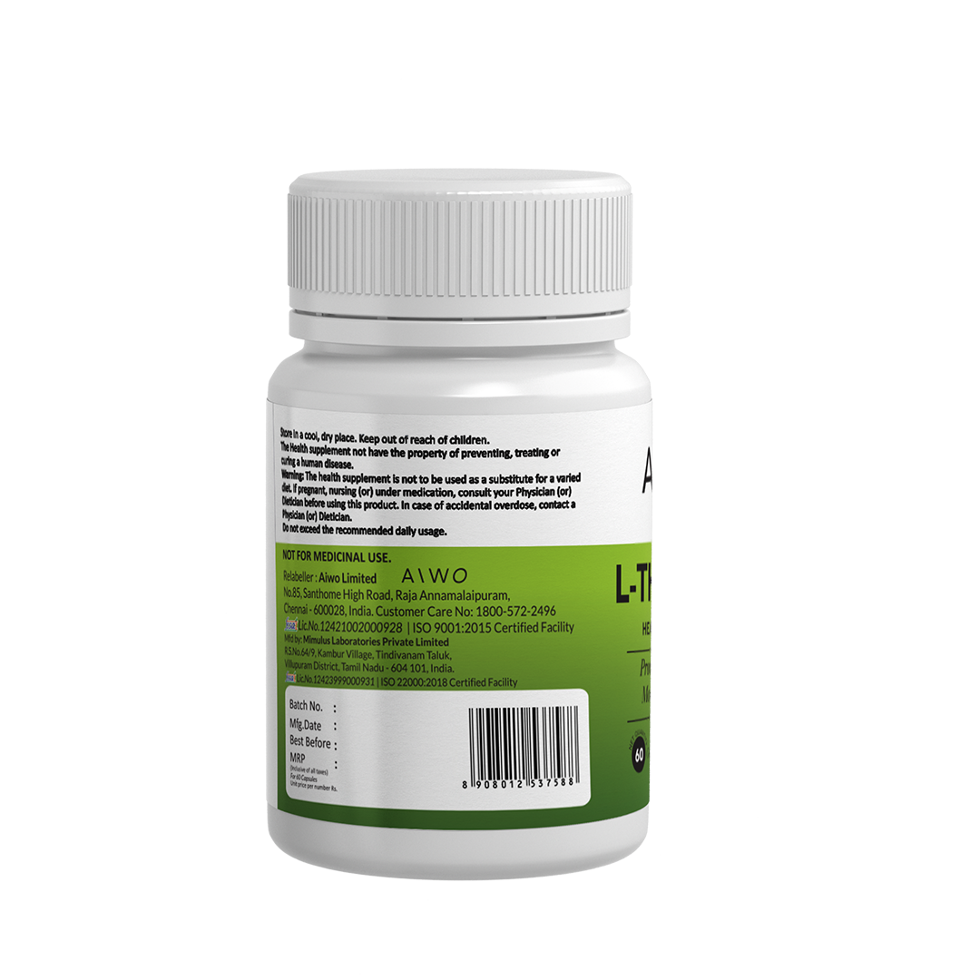 L- Theanine Supplement bottle with label on a white background