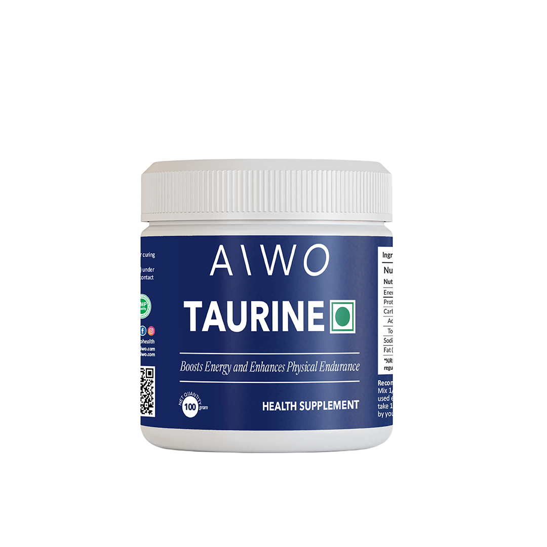 Aiwo Taurine health supplement container on a white background