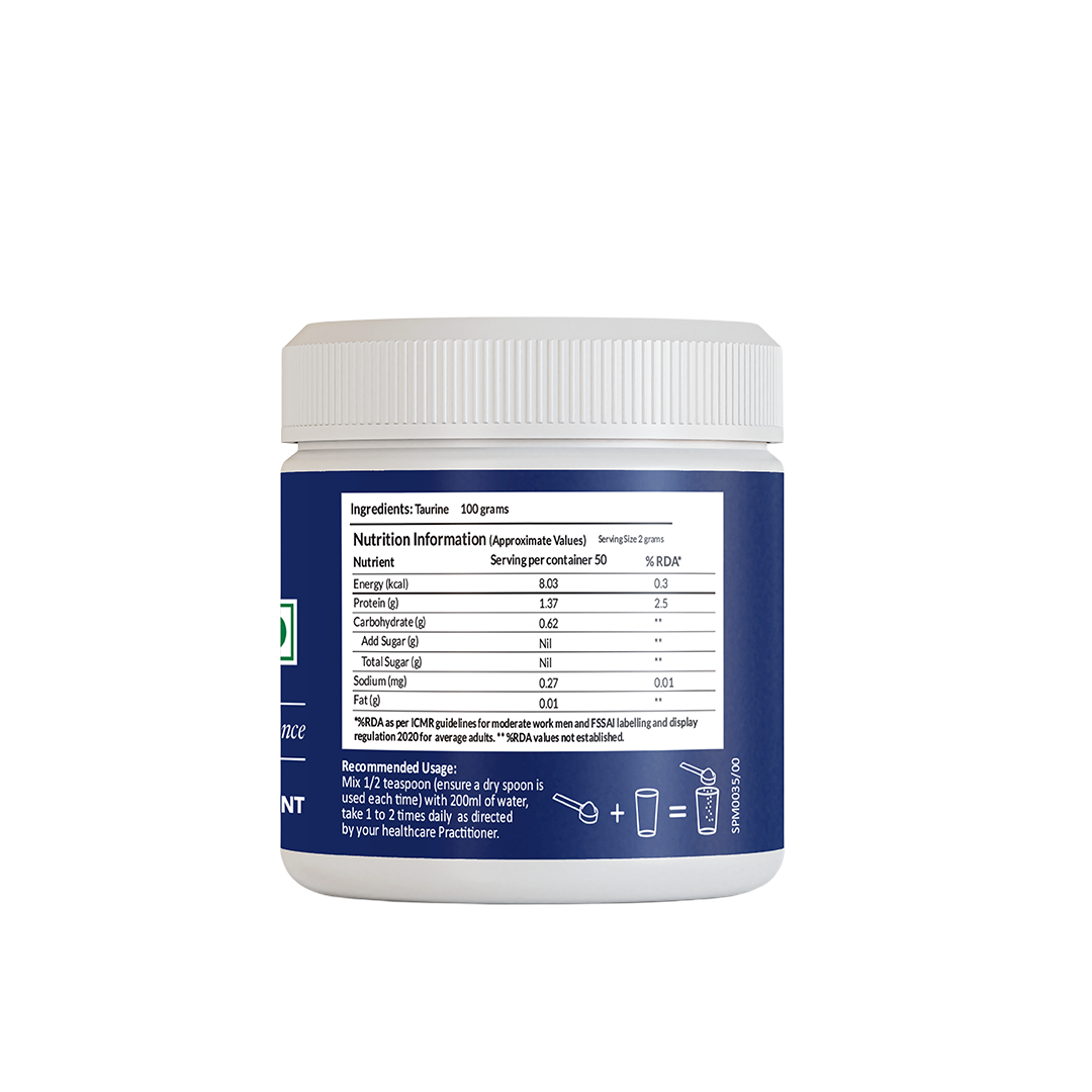 Taurine Supplement bottle with label on a white background