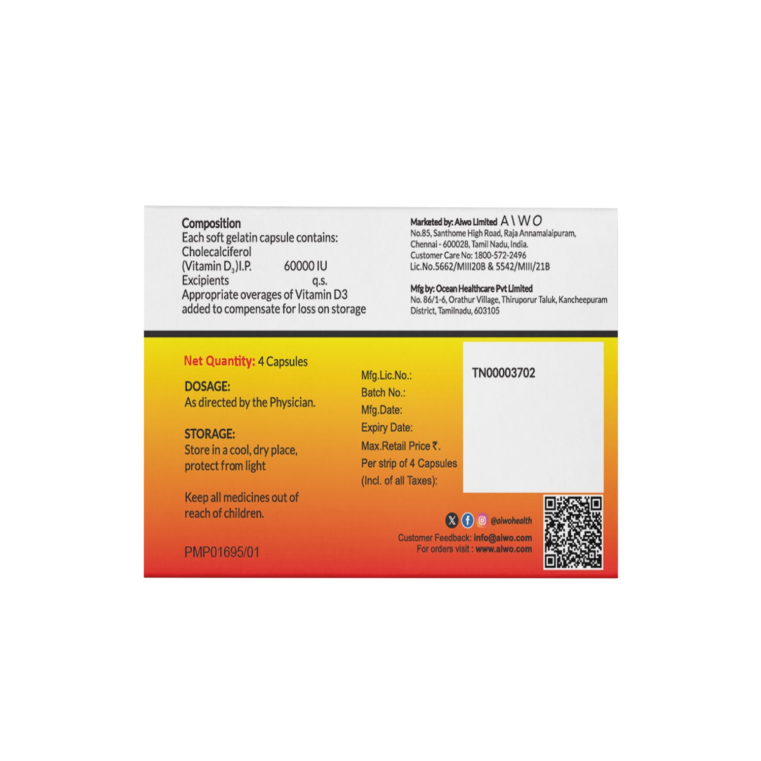 Aiwo HealthyVitD3 60000 IU Cholecalciferol Capsules