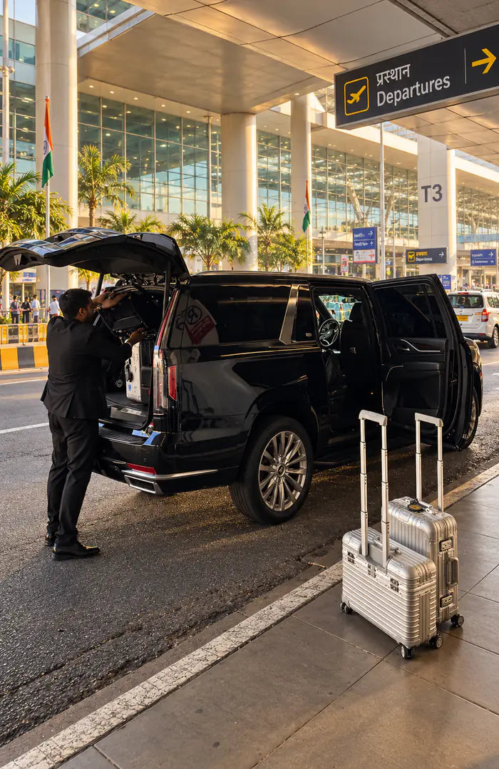 A chauffeur loading luggage into a black SUV outside an airport terminal