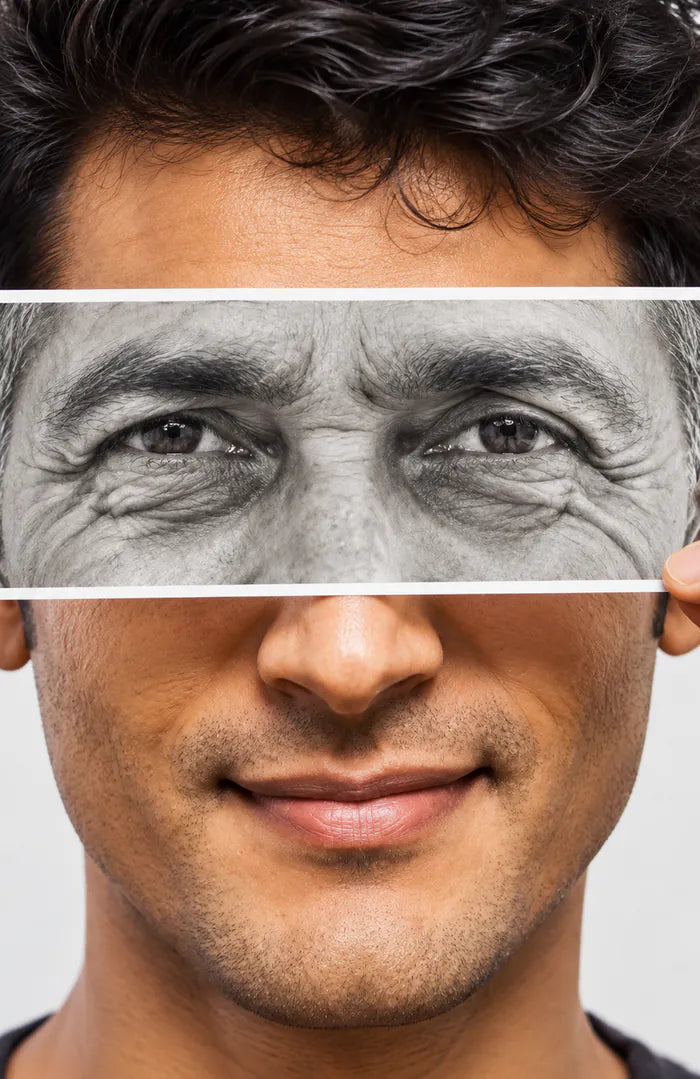A man holding a photograph of an older pair of eyes across his face