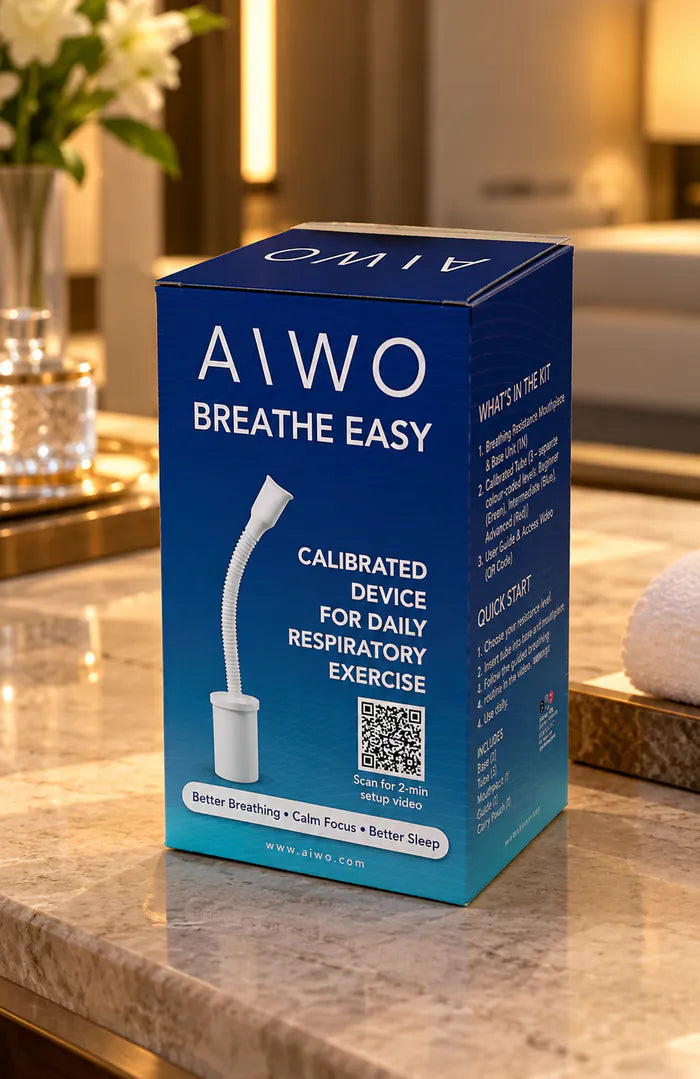 An AIWO Breathe Easy breathing device box on a marble counter