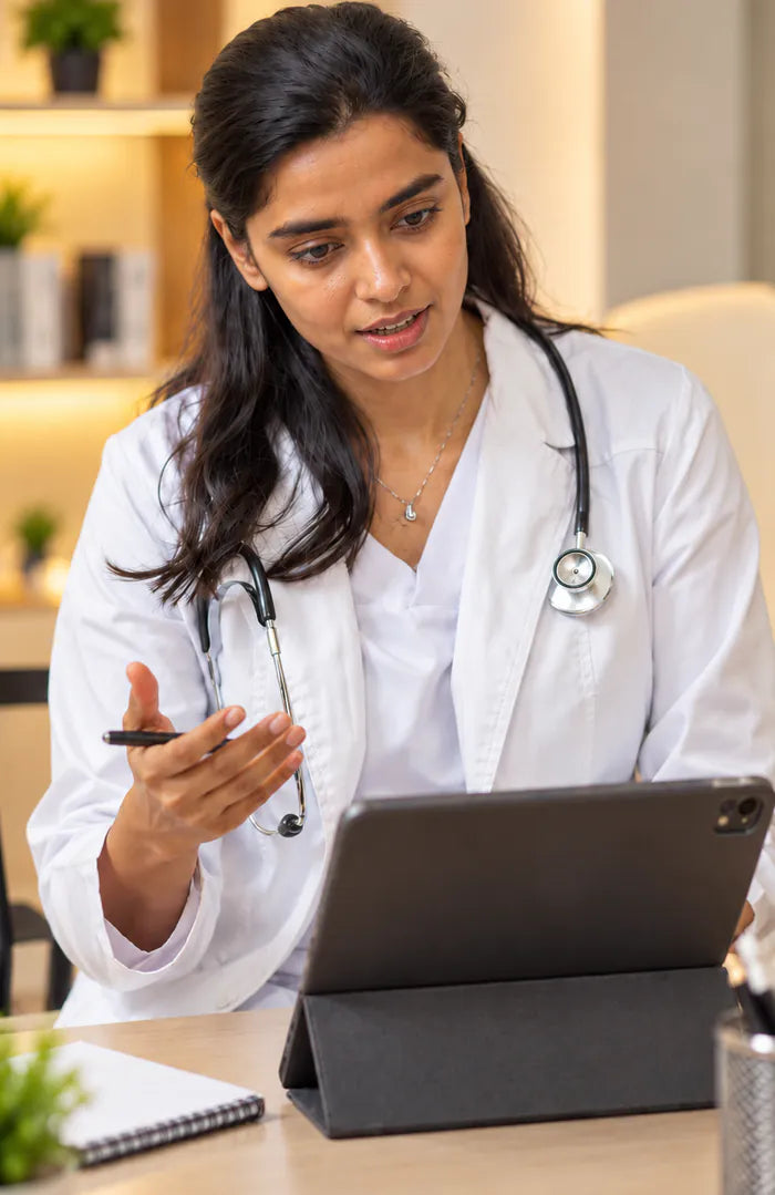 A physician explaining results during a video consultation
