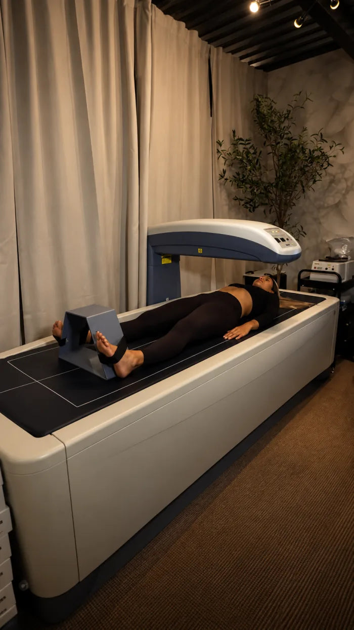 A person lying on a DEXA body composition scanner