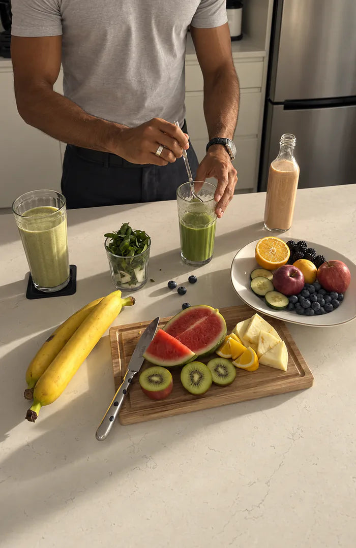 A man preparing fresh fruit and green juice at a kitchen counter