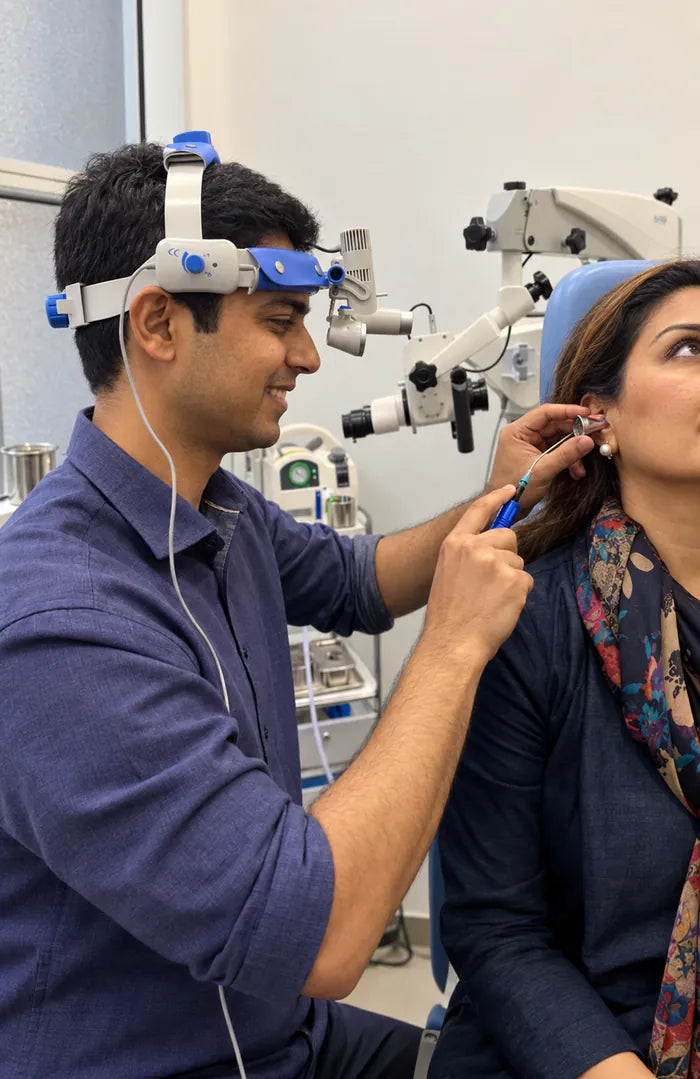 An ENT specialist examining a patient’s ear