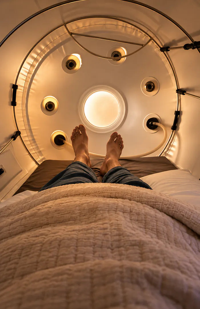 A person lying inside a hyperbaric oxygen chamber