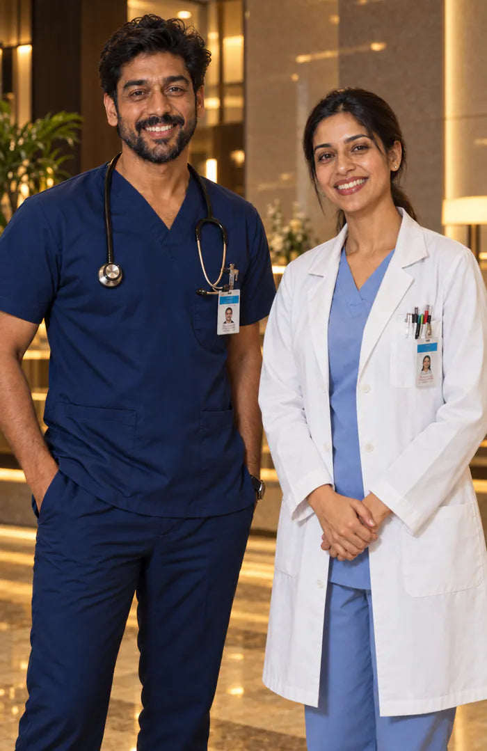 Two physicians, one in scrubs with a stethoscope and one in a white coat, standing together and smiling