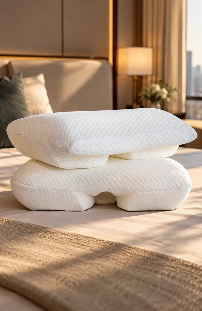 An AIWO leg pillow set on a bed in a hotel room