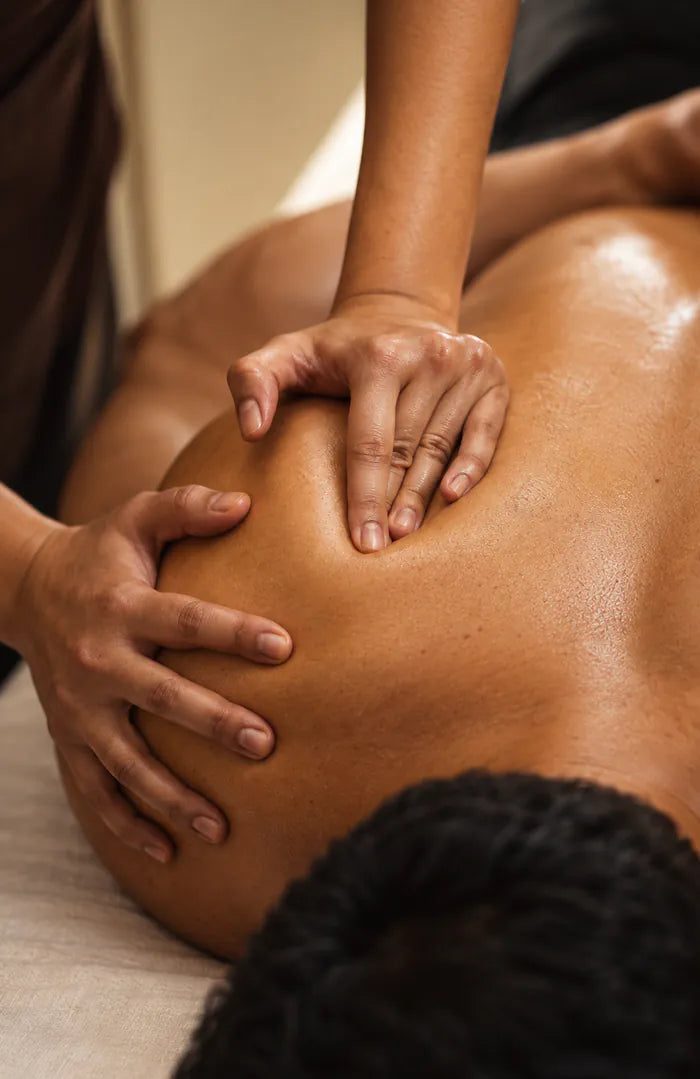 A therapist’s hands working on a person’s shoulder