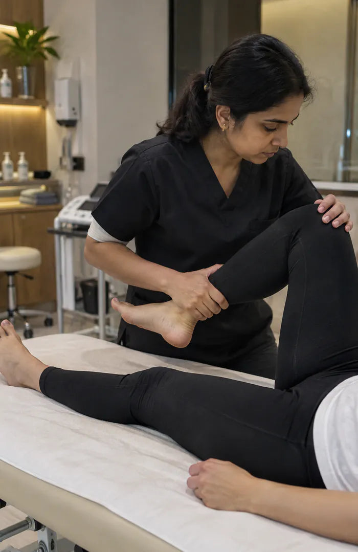 A physiotherapist assessing a patient’s leg on a treatment table