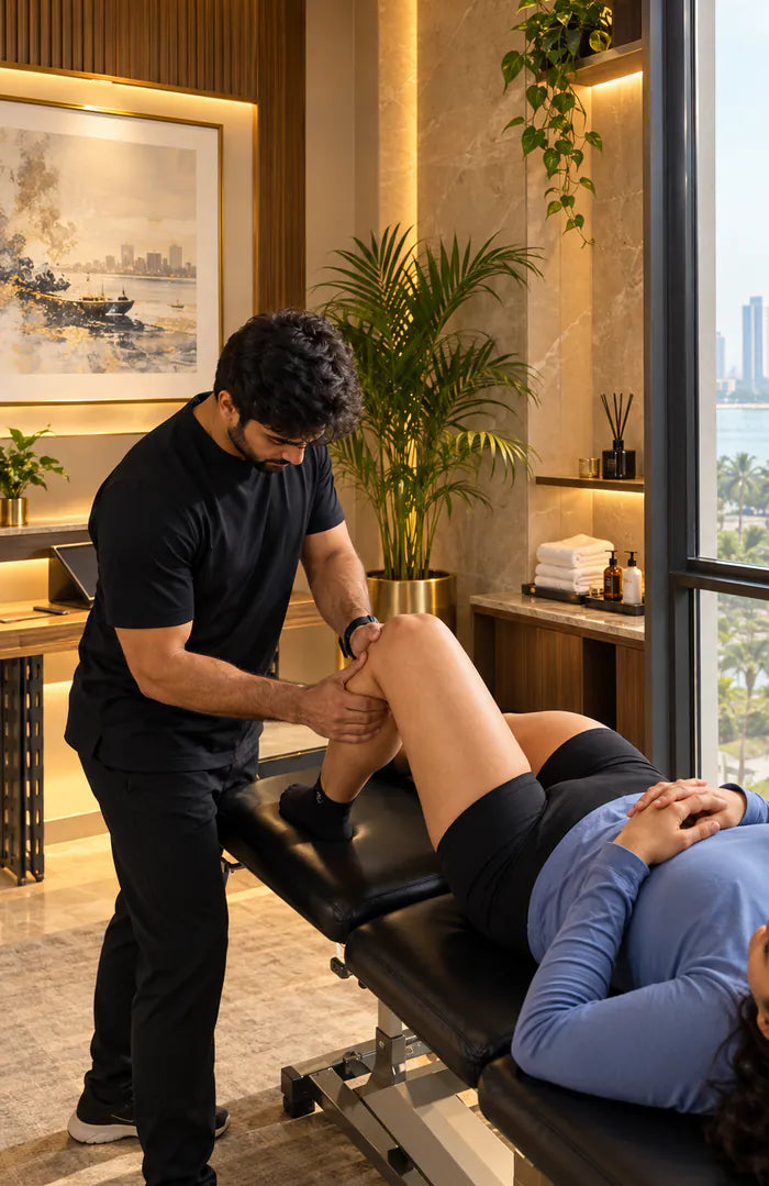 A physiotherapist treating a patient lying on a treatment table