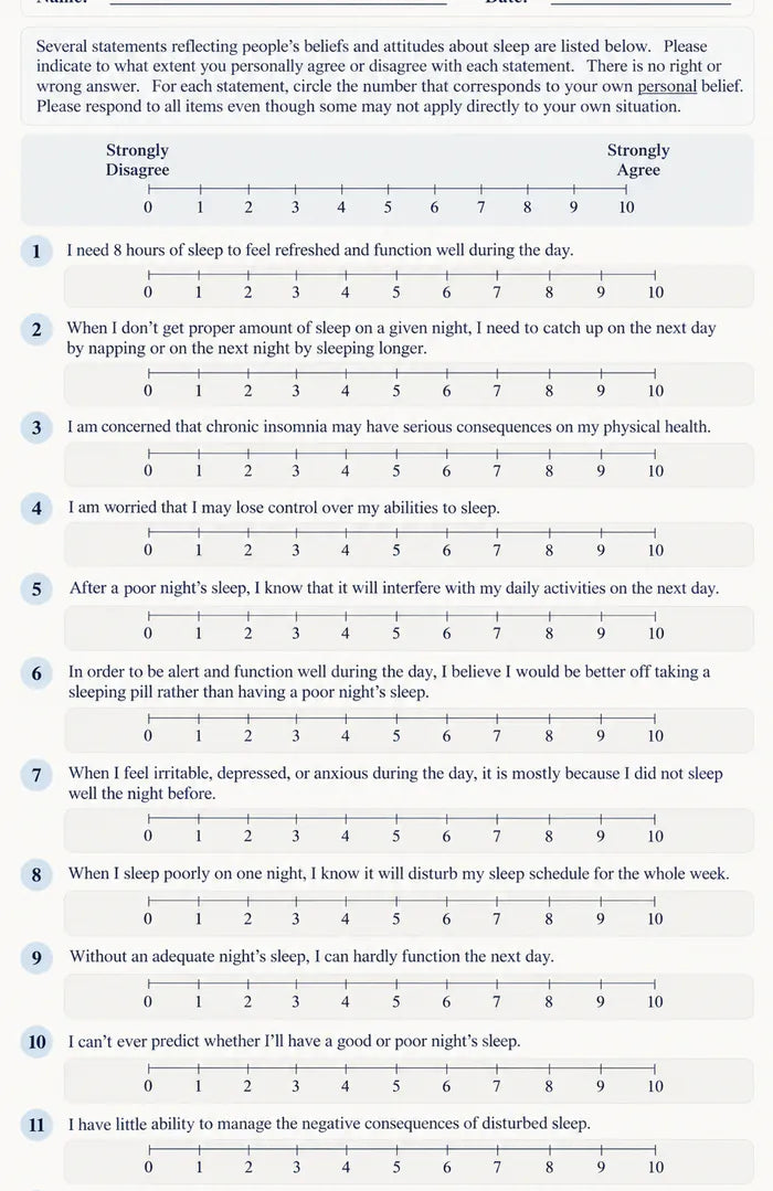 A printed sleep questionnaire with numbered rating scales