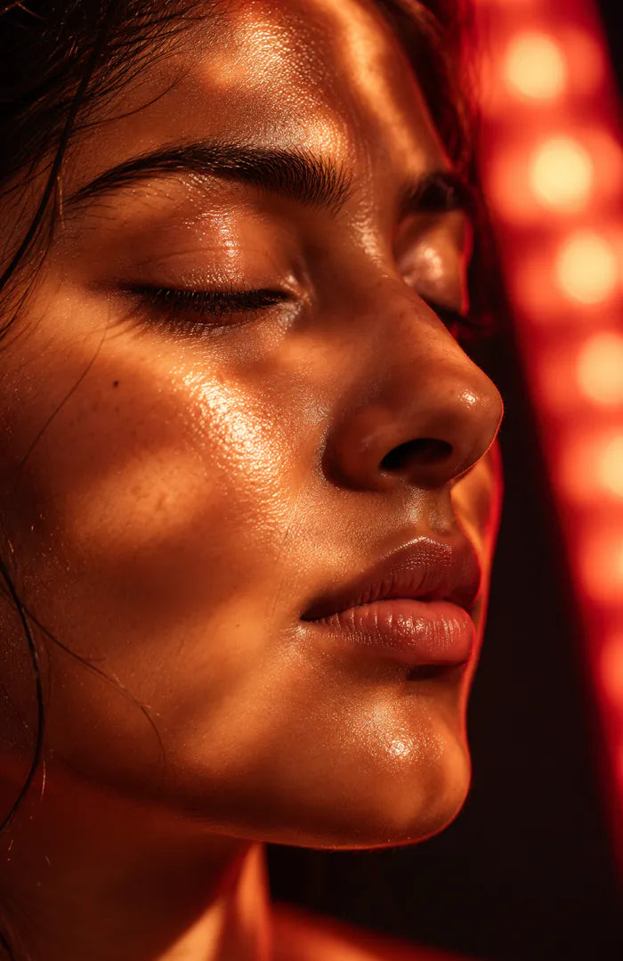 A woman’s face in profile under red light