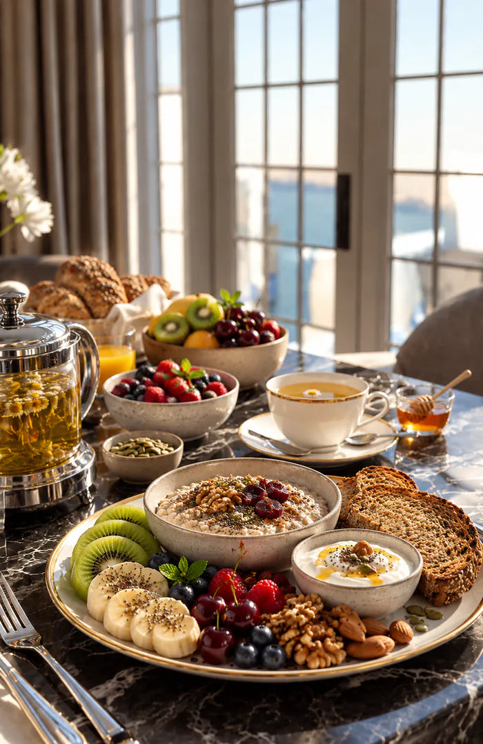 A table of fruit, porridge, yoghurt, nuts and herbal tea