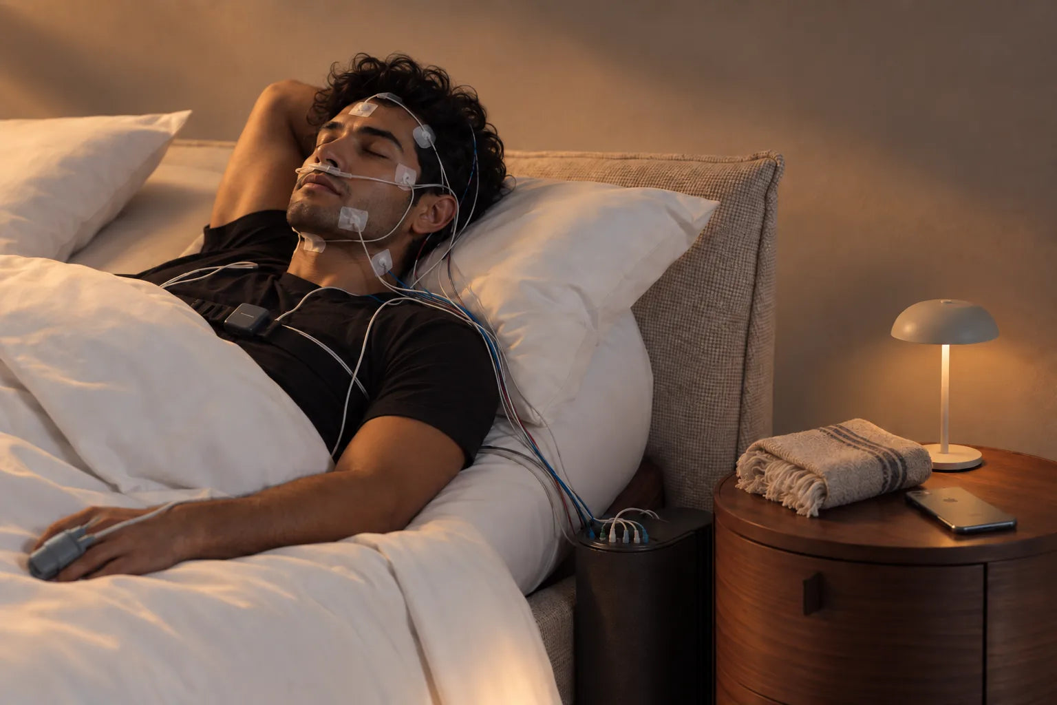 A man asleep in a hotel bed wearing sleep-study sensors