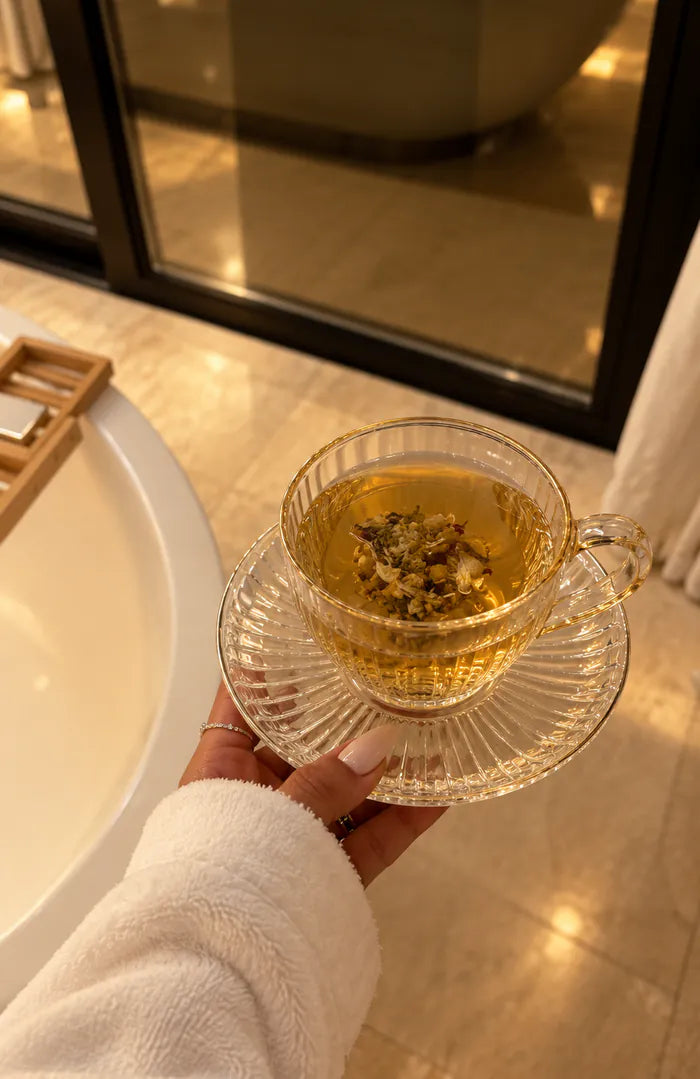 A hand holding a glass cup of chamomile tea beside a bath
