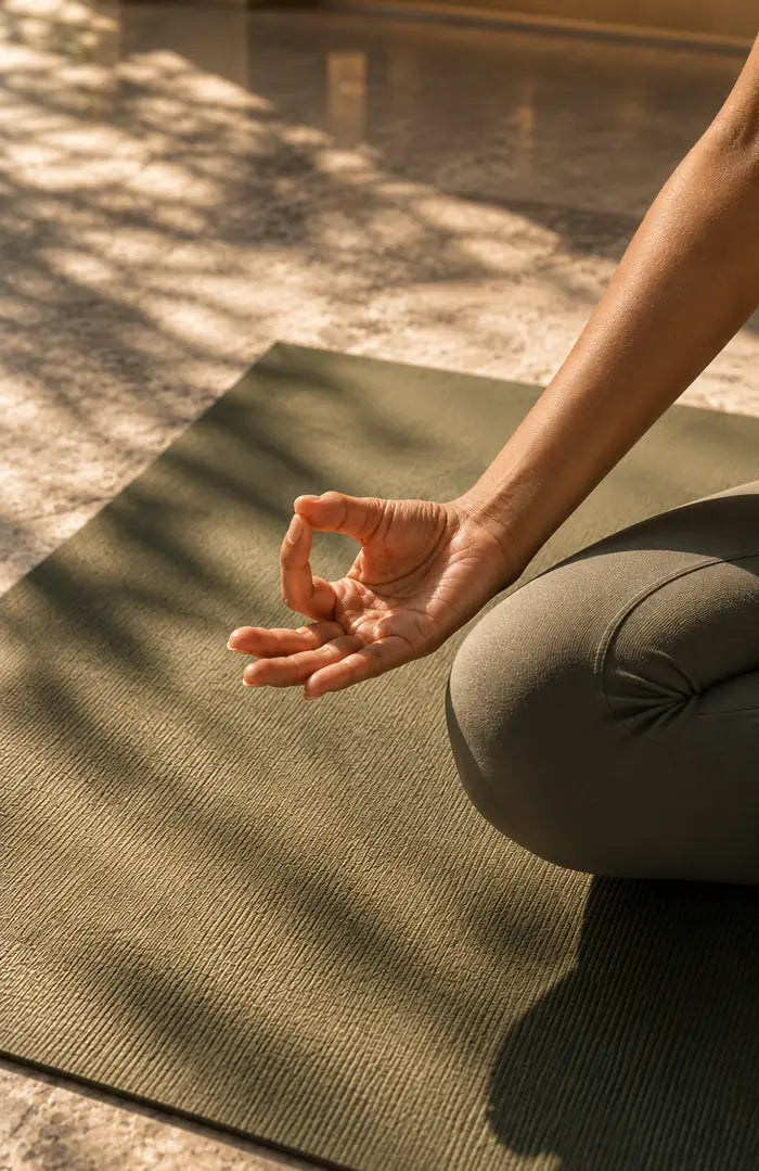 A hand resting on a knee in a meditation pose on a yoga mat